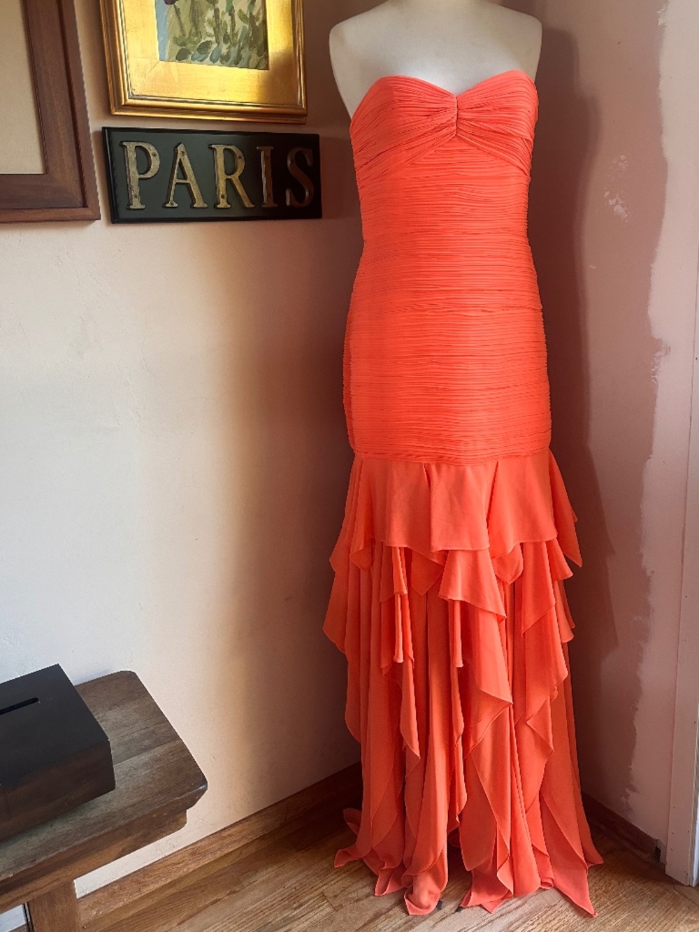 NWT Halston Heritage Elegant Strapless Pleated Ruffle Orange Evening Gown Size 6